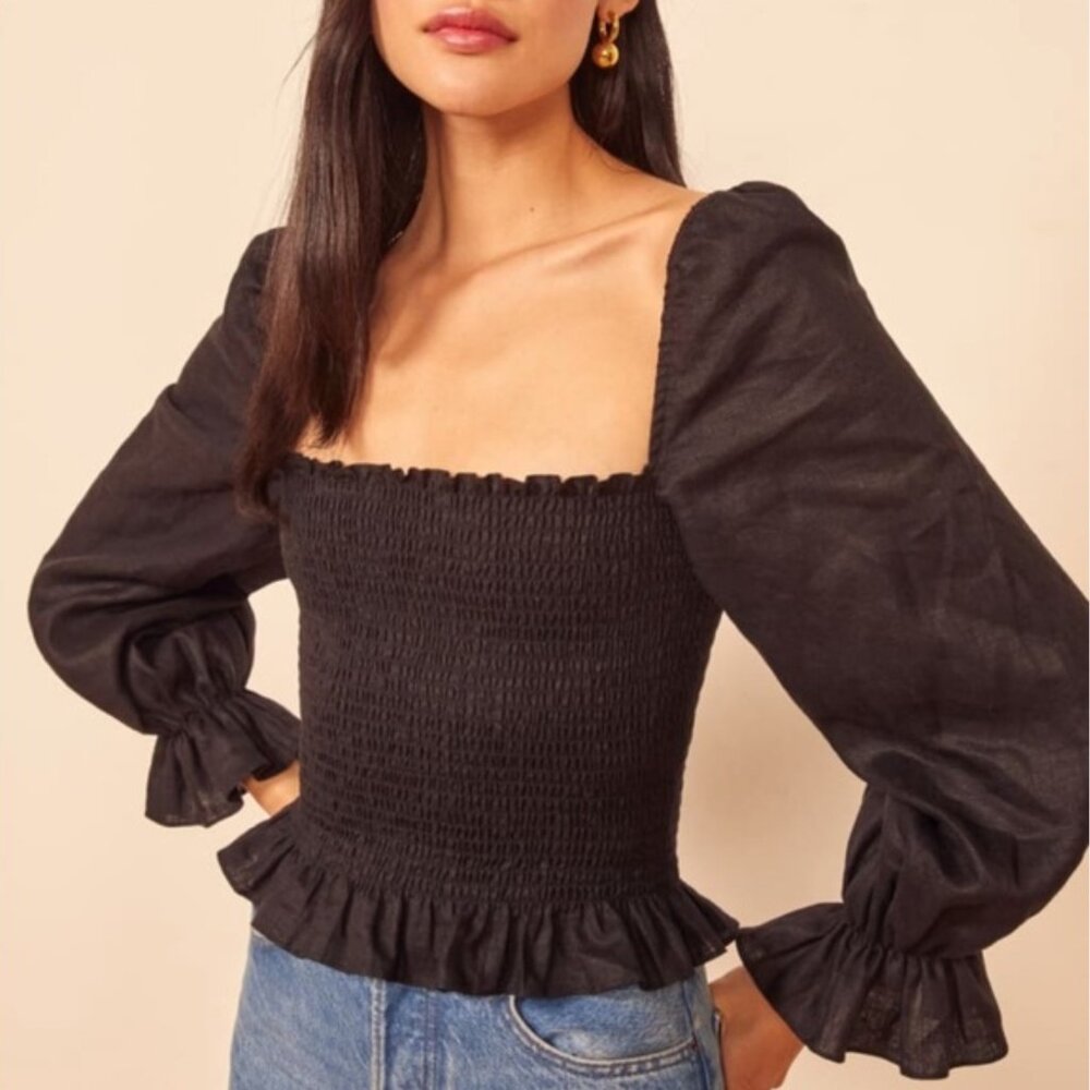 Reformation Black Smocked Blouse